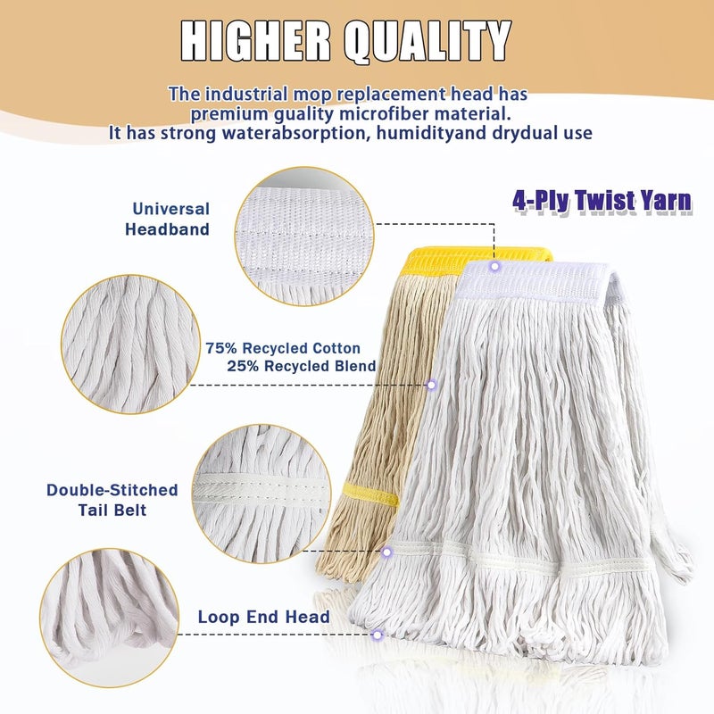 Hakfhsd 2 Pack 20oz Heavy Duty Commercial Industrial Cotton Mop Replacements Head with Long Handle, Loop-End String Wet Mop Refills, Applies to Garage, Workshop and Warehouse Floor Cleaning - Image 2